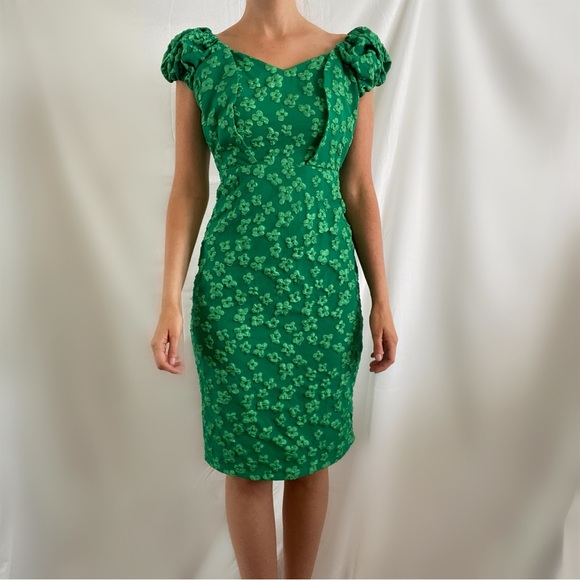 Vintage 60s handmade Kelly green floral 3D print puff sleeve dress unique - Picture 2 of 6